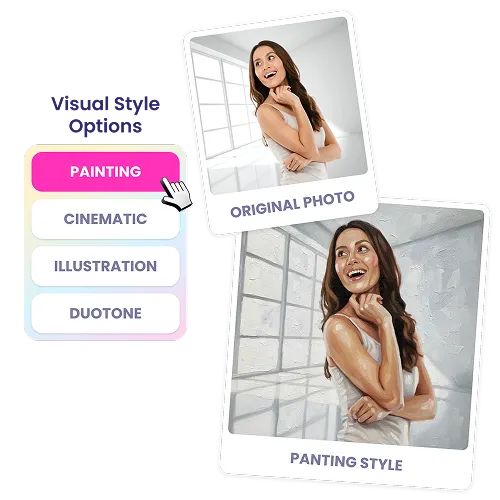 Visual Style Filter Selection Interface Portrait photo with painting filter option selected, showing original and artistic rendering