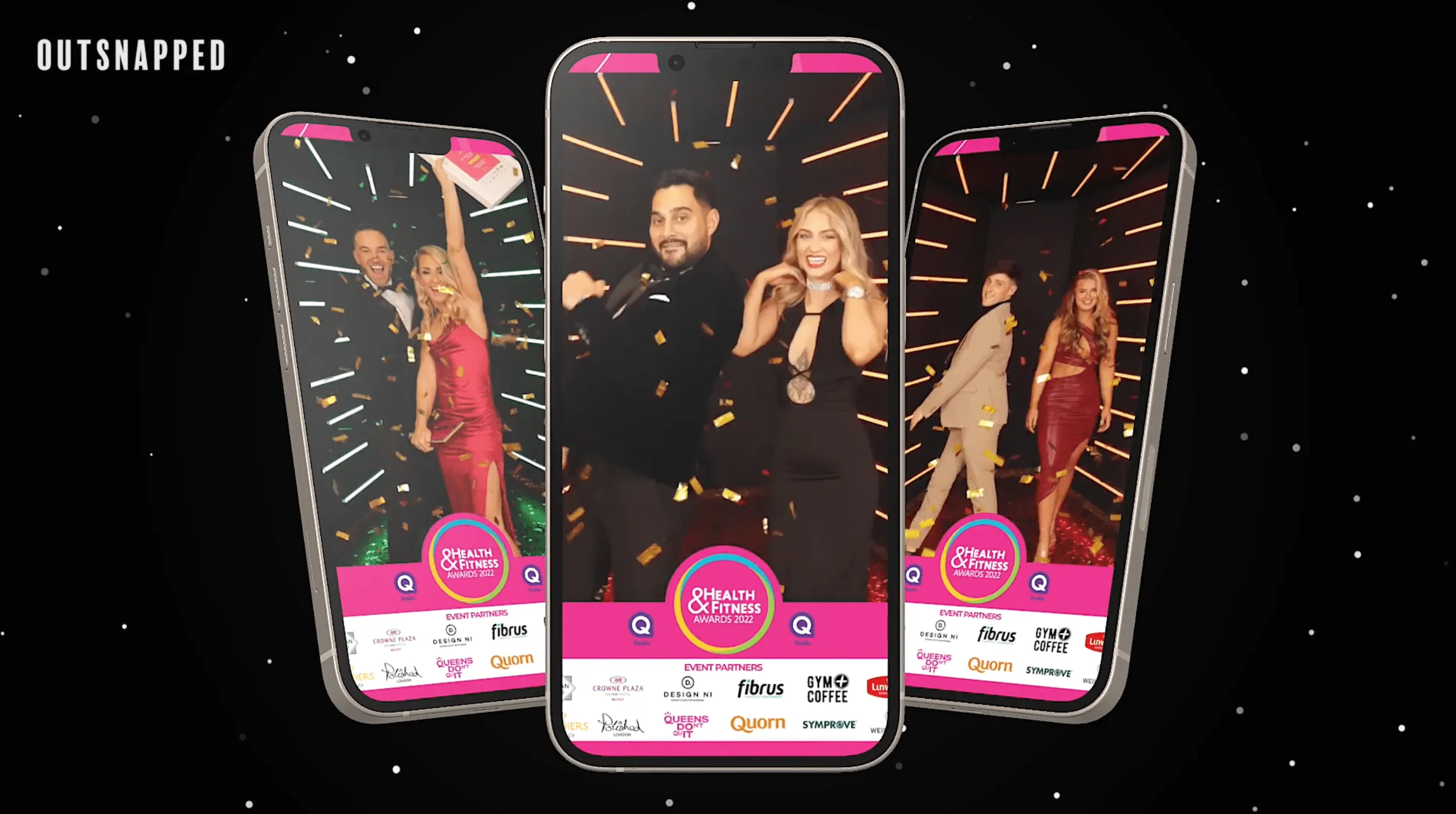 Three phones displaying glamorous Vogue booth event photos with magenta accents
