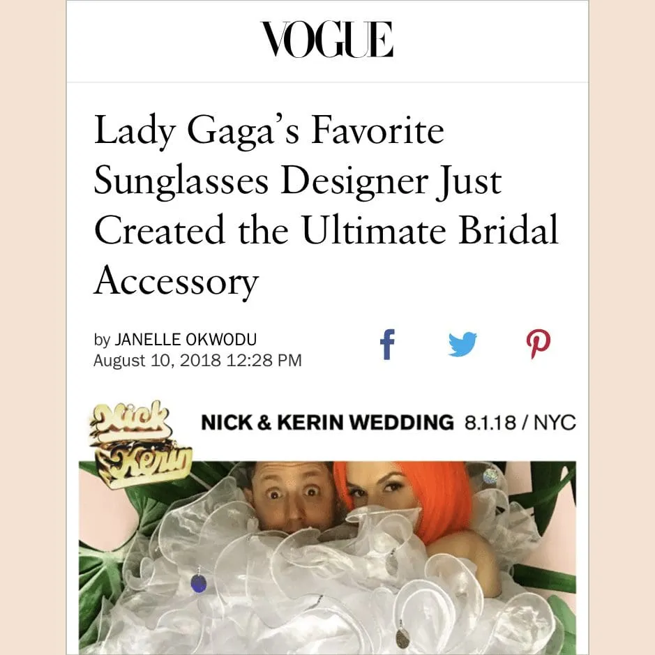 Vogue magazine article headline about Lady Gaga's favorite sunglasses designer creating bridal accessories, featuring a couple in a photo booth surrounded by clear bubbles at their NYC wedding on August 1, 2018