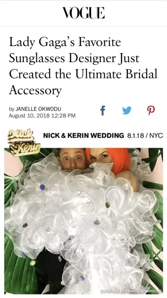 Couple wearing oversized clear sunglasses at Nick & Kerin's NYC wedding on August 1, 2018, featured in Vogue article about bridal accessories