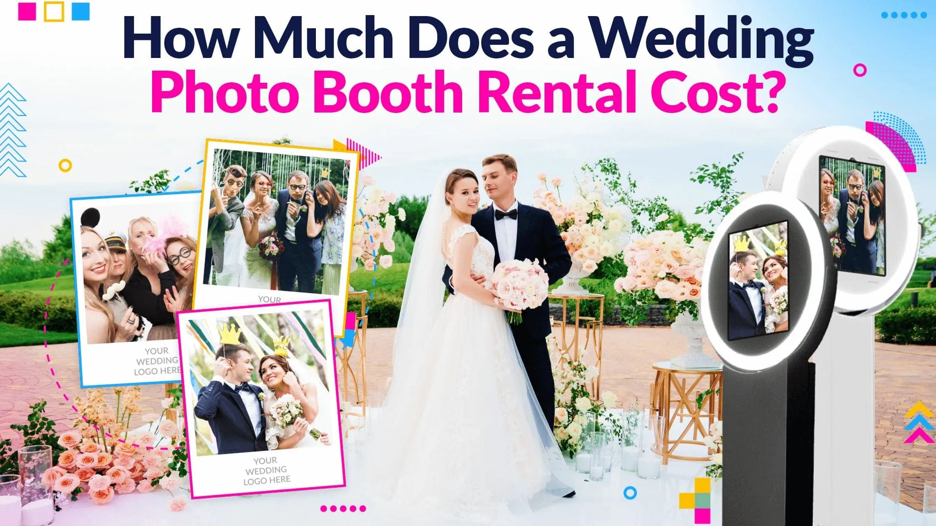 Wedding couple with bride in white dress and groom beside modern photo booth with sample prints on display