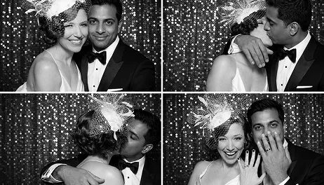 Wedding Photo Booth Strip – Formal Couple Poses Couple in formal wedding attire posing in photo booth strip with sparkling backdrop