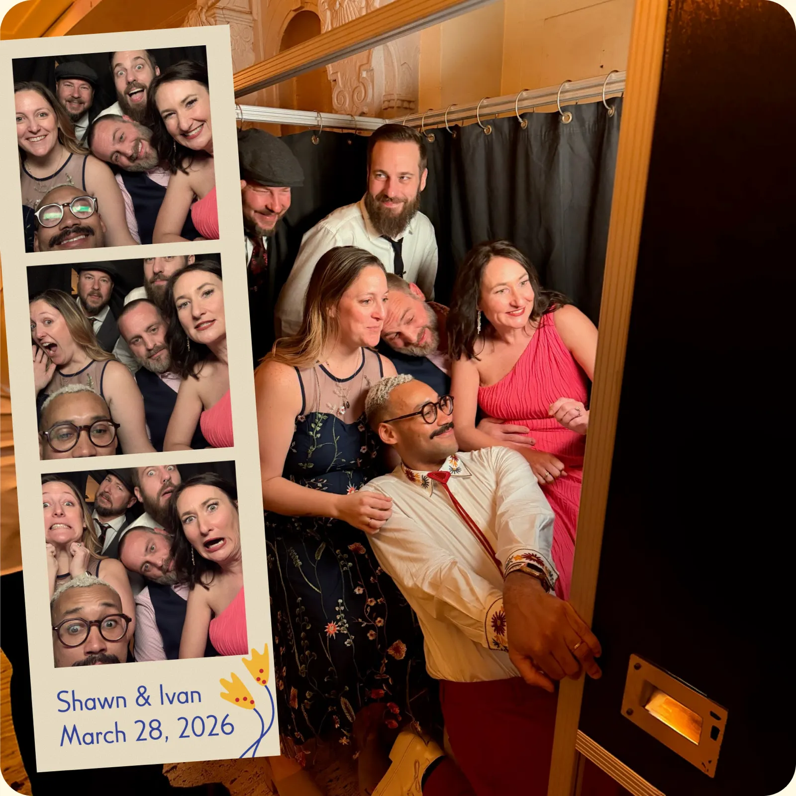 Wedding Magbooth Photo Booth with Photo Strip Wedding guests crowding into an OutSnapped Magbooth enclosed photo booth with a printed Shawn & Ivan photo strip overlaid