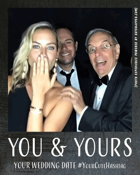 Three guests in formal attire smiling at OutSnapped wedding photo booth, woman covering mouth in surprise, man in light blue tie, older man in tuxedo