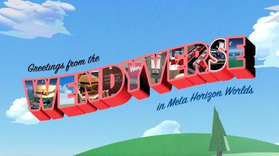 Vintage postcard-style illustration with "Greetings from the Wendy's in Meta Horizon Worlds" text overlaid on red dimensional letters, blue sky, white clouds, and green hills below