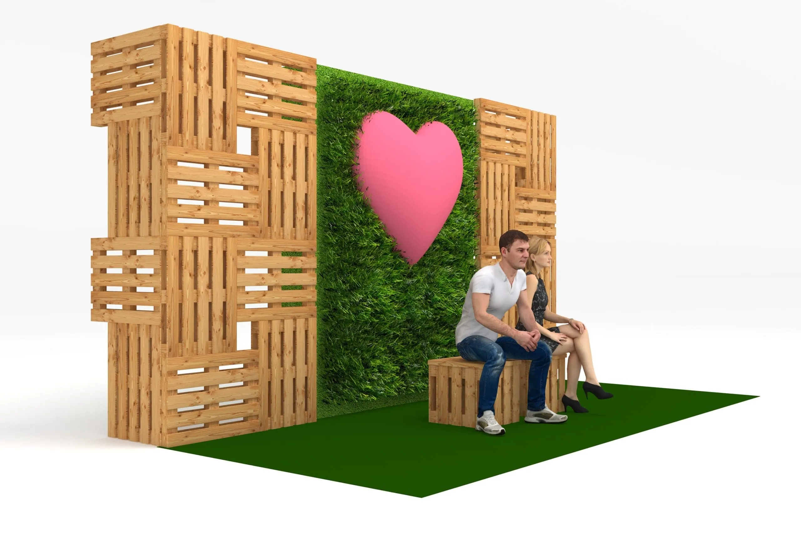 Living Wall Photo Booth Backdrop with Wooden Pallets Wooden slat photo booth backdrop with living green wall and pink heart cutout, couple seated on wooden bench