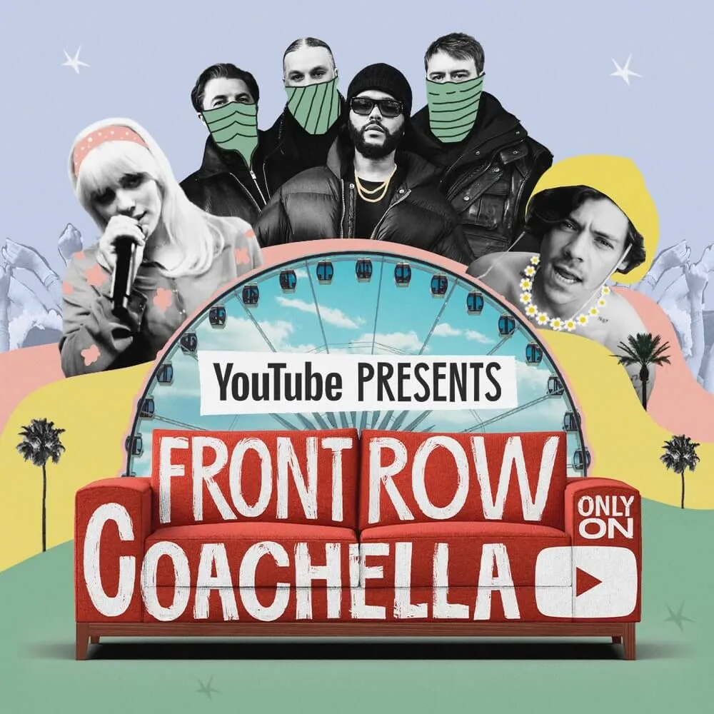YouTube Front Row Coachella promotional graphic featuring six content creators with stylized illustrations and a retro marquee sign against a desert-themed background.