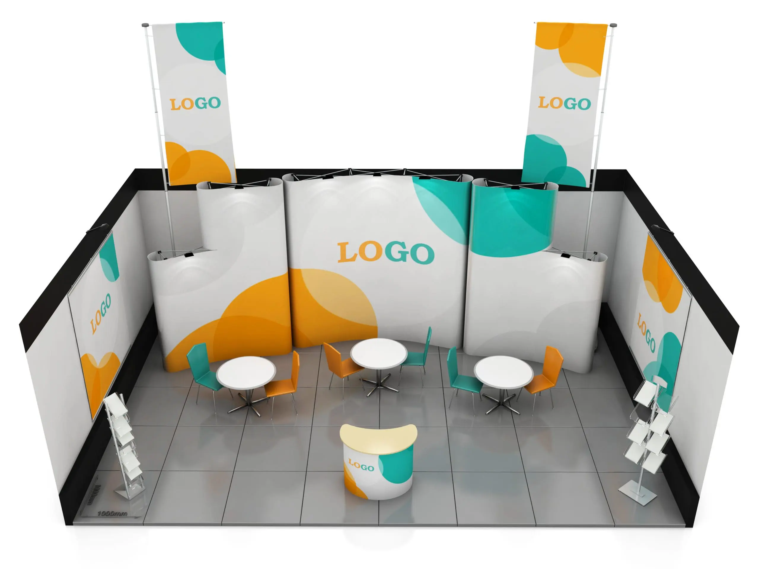 Blank creative trade show exhibition stand design with color shapes. Booth template. Corporate marks and corporate identity. 3d rendering