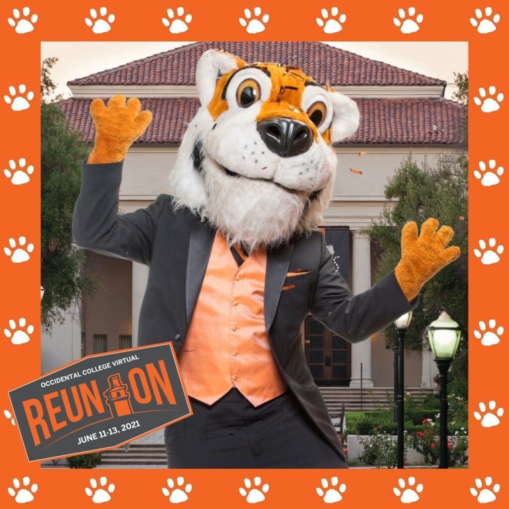 Occidental college's mascot oswald the tiger in an outsnapped photo booth photo
