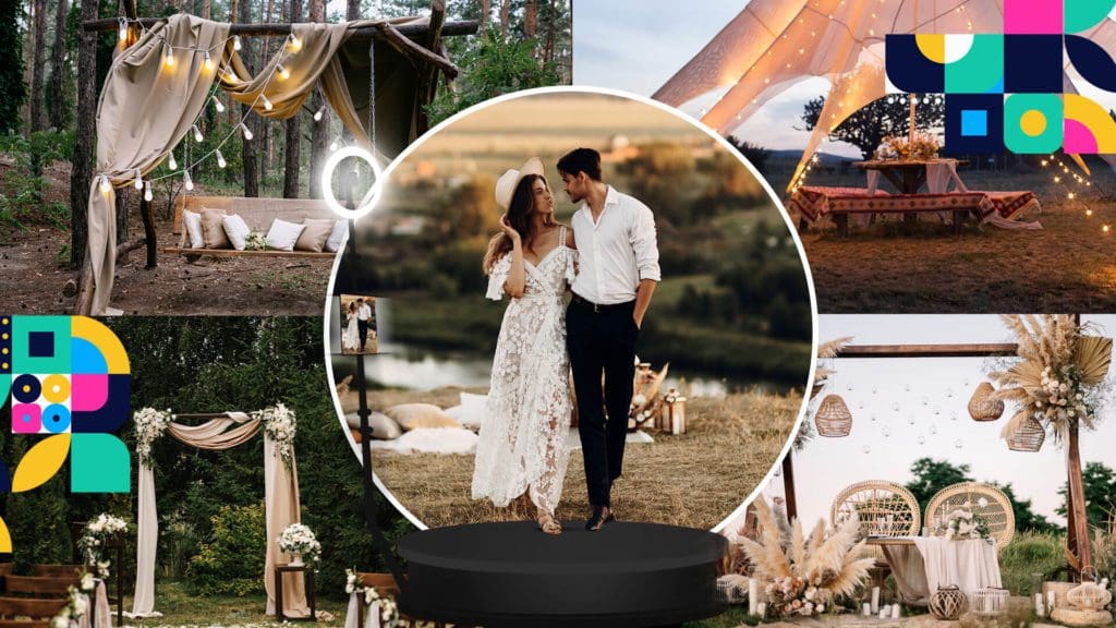 A 360 video booth with a customized backdrop featuring natural elements, such as branches, flowers, and fairy lights, for a rustic, bohemian wedding