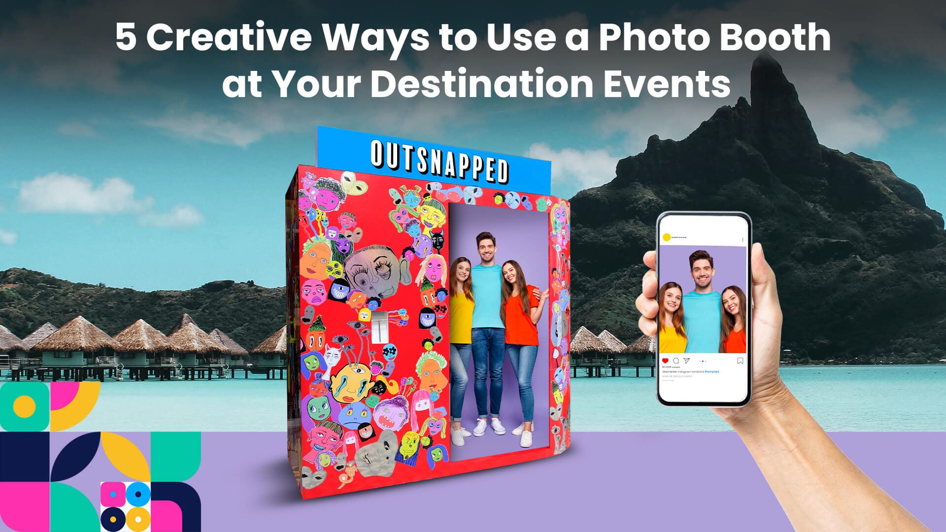 An image of a group of people smiling and taking a photo in a photo booth with a branded banner or backdrop. The background of the illustration could show a scenic destination location, such as a beach or mountain, to represent the idea of a destination event. In the foreground, one guest can be holding their phone and a photo from the booth can be shown as a post on a social media platform such as instagram or tiktok. The post can have the event's unique hashtag visible on it, to represent the idea of guests sharing their photos online.