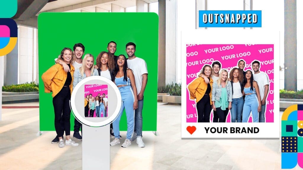 An illustration of a photo booth with a branded banner or backdrop with the company logo prominently displayed, to represent the idea of branded activations.