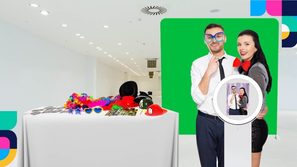 An illustration of a photo booth with a table of props and accessories, such as hats, glasses, wigs, and inflatable palm trees, to represent the idea of adding props and accessories to the photo booth to make it more fun for guests.