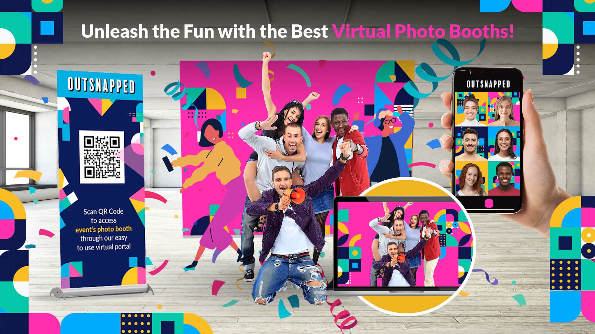 A header illustration showcasing a virtual photo booth setup. The illustration should show guests having fun and taking photos in front of the virtual photo booth, either on their phones or on a computer screen. The illustration can be illustrated in a colorful and energetic style, with guests smiling, laughing and making silly faces.