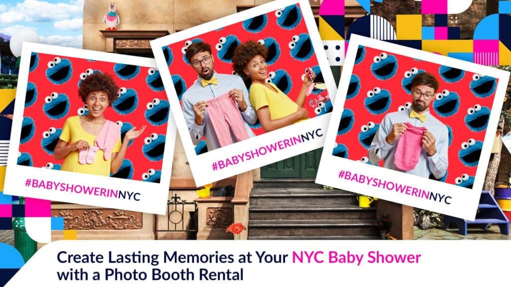 A group of women taking photos with a photo booth rental at a baby shower in nyc, with baby-themed props and backdrops.