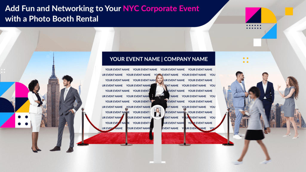 A group of professionals dressed in business attire taking photos with a photo booth rental at a corporate event in nyc.