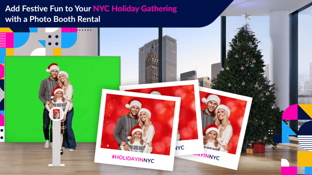 A family taking photos with a photo booth rental at a holiday gathering in nyc, with holiday-themed props and backdrops.