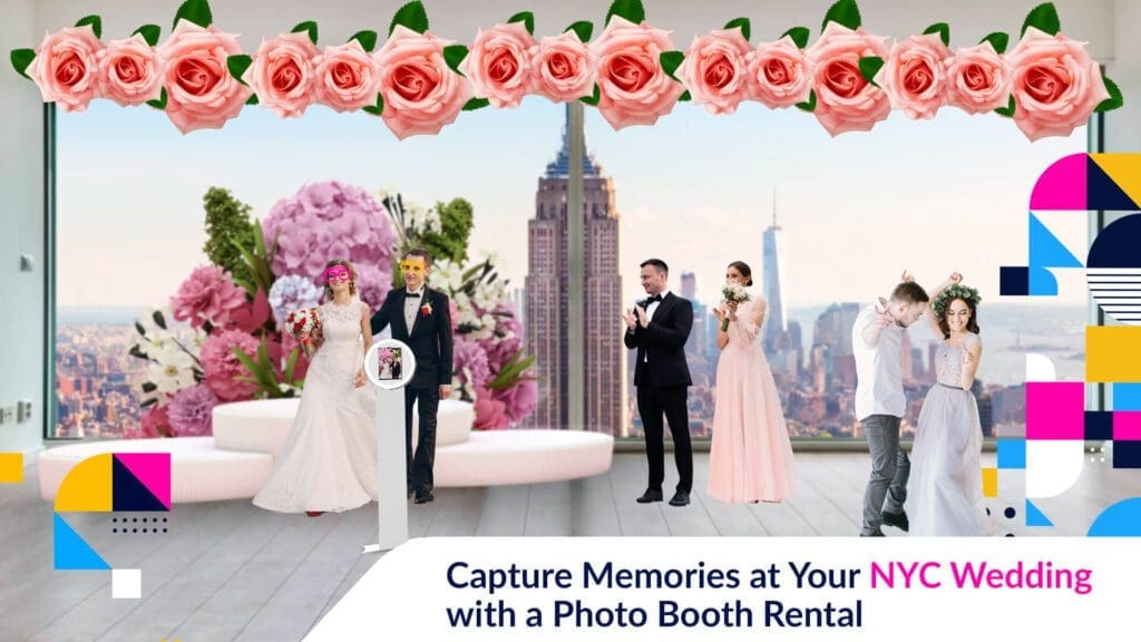 A photo booth set up at a wedding reception in nyc, with guests taking fun photos with props and backdrops.