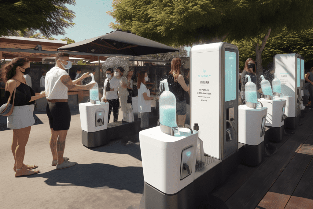 Attendees using sanitization stations at a safe summer event in 2023