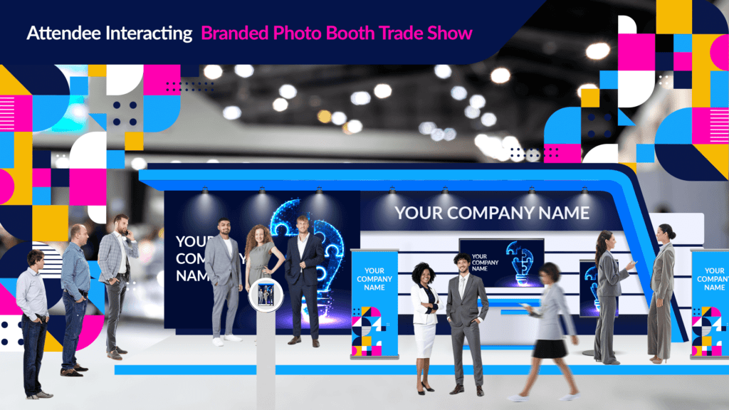 Attendee interacting with a photo booth at a trade show, with different product images or branding elements incorporated into the booth's photo backgrounds.