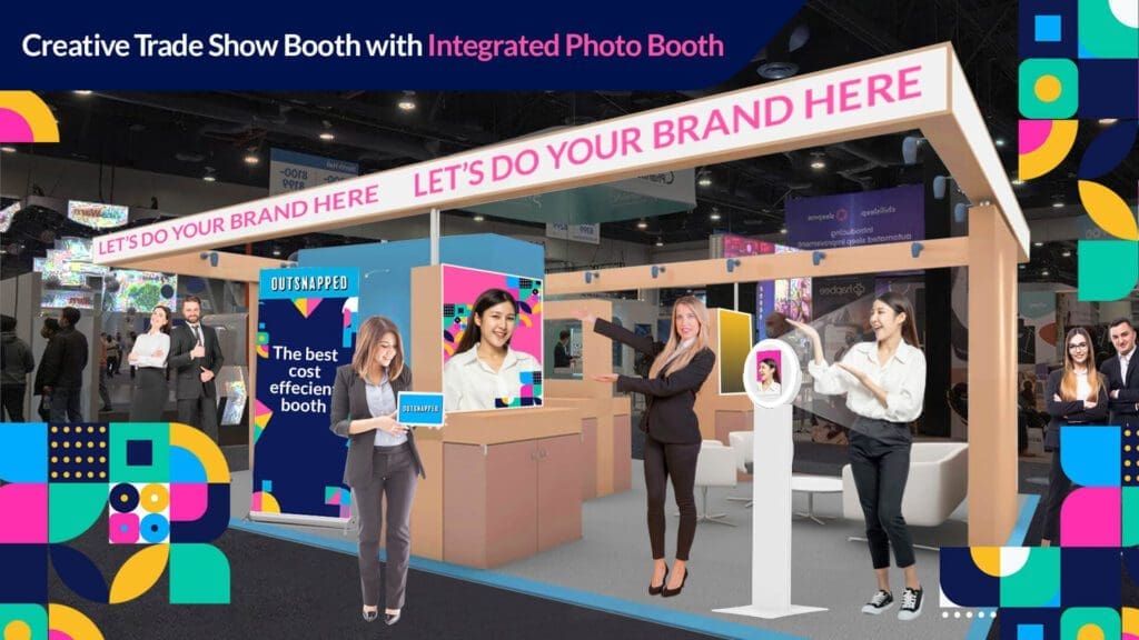 Trade show booth creatively designed to integrate a photo booth into the display, highlighting the cost-efficient nature of the setup.