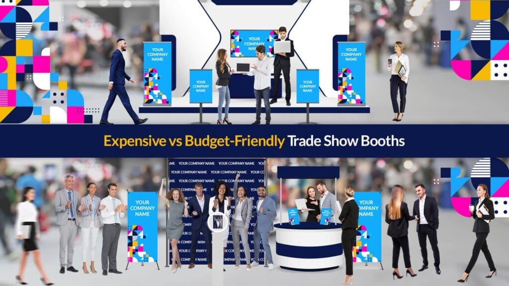 Comparison between a traditional expensive trade show booth and a budget-friendly booth featuring a photo booth as the main attraction.