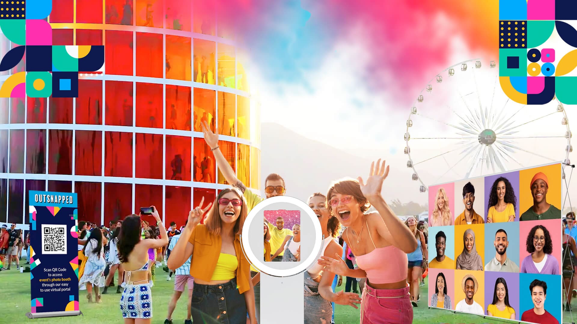 A vibrant collage of summer event elements, featuring outdoor venues, diverse attendees, immersive technologies, sustainable practices, and engaging activities.