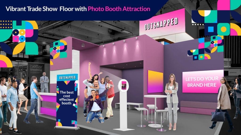 Trade show floor with various booths showcasing products, with a photo booth being the center of attention and attracting crowds of attendees.