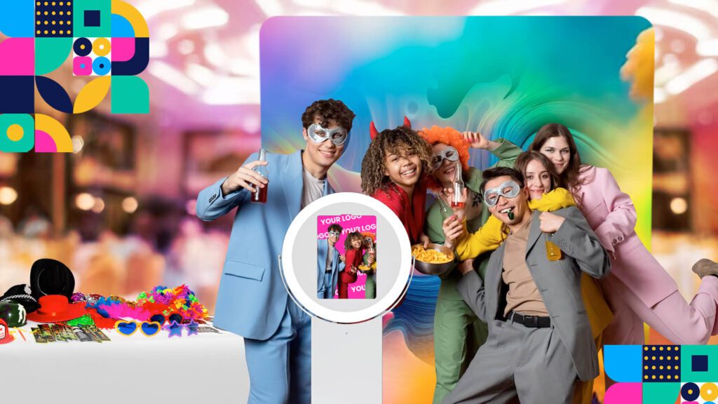 Open-air photo booth with happy guests posing