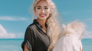 Ai photo booth sample outsnapped as a curly haired woman on top of full white hors 93ea5a2c 6e53 4c91 9e27 063cad497259 ins