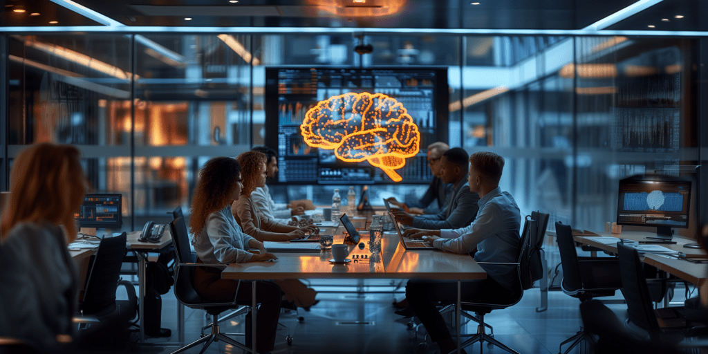 Corporate professionals in a modern boardroom, collaborating with ai technology displayed as a glowing brain on a large screen, symbolizing ai-driven decision-making.