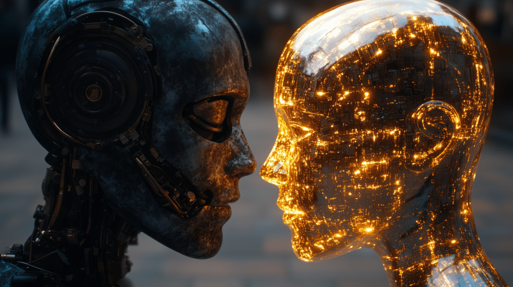 An old, weathered ai face interacting closely with a newer, glowing ai, illustrating the concept of rapid advancements in artificial intelligence.