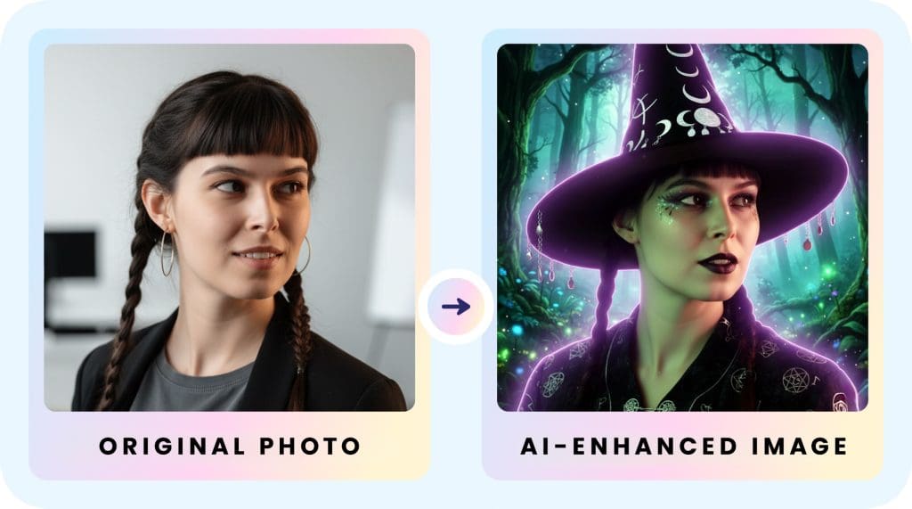 Unmask the Magic: How AI Photo Booths Are Revolutionizing Halloween and Beyond 1 AI photo booth Halloween transformation showing woman's original selfie on left and AI-enhanced witch portrait on right with purple mystical effects