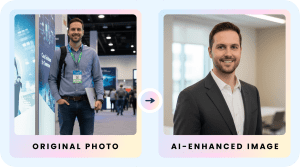 Before and after example of AI photo booth at a trade show, showing a man's original event photo transformed into a professional business headshot using AI enhancement