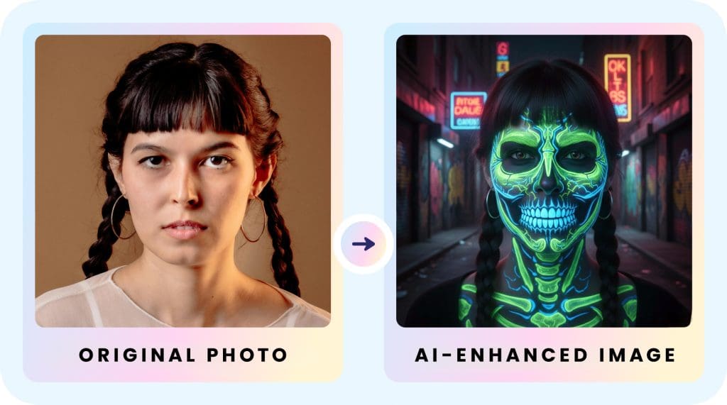 Unmask the Magic: How AI Photo Booths Are Revolutionizing Halloween and Beyond 2 AI photo booth Halloween transformation showing woman's face with neon green and blue glowing skull makeup in cyberpunk cityscape with neon signs