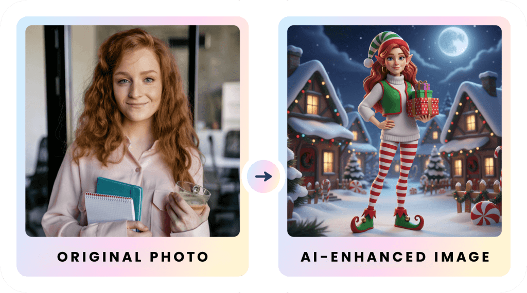 AI Photo Booth Rental for Holiday Parties: Book With OutSnapped 4 Before and after: Guest’s original photo next to an AI-enhanced elf portrait with festive background, created at a holiday event with OutSnapped’s AI photo booth.