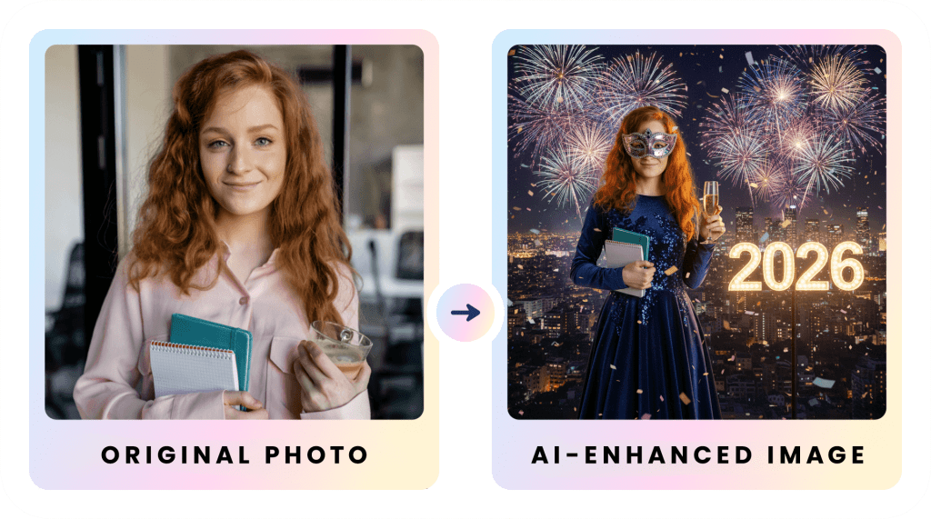 AI Photo Booth Rental for Holiday Parties: Book With OutSnapped 6 Before and after: Guest’s original photo next to an AI-powered party portrait with New Year’s Eve fireworks, confetti, and festive decor, created by OutSnapped’s photo booth.