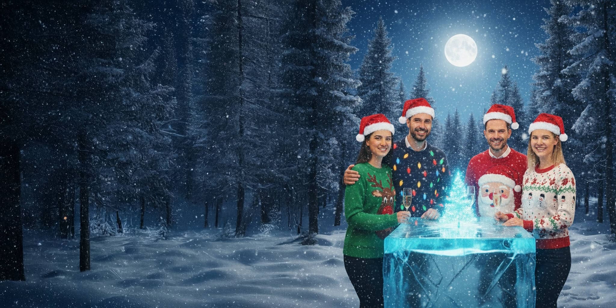 AI Photo Booth Rental for Holiday Parties: Book With OutSnapped 2 Colleagues transformed by AI photo booth, now wearing festive sweaters and Santa hats, gathered around an icy holiday cocktail table in a snowy forest.