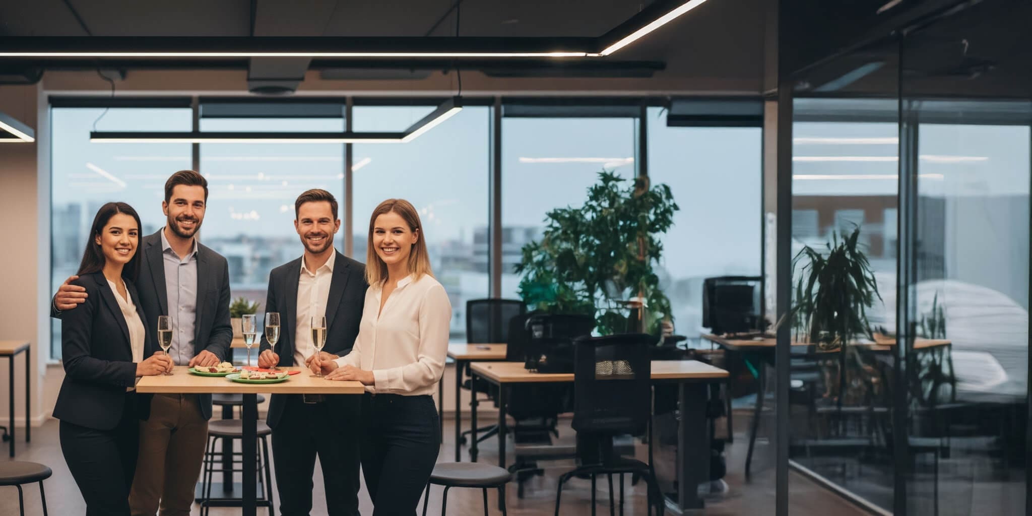 AI Photo Booth Rental for Holiday Parties: Book With OutSnapped 1 Office team posing together in a modern workspace, before AI holiday photo booth transformation.