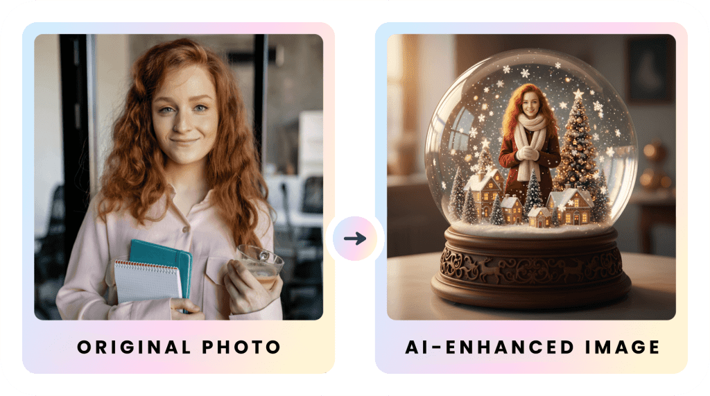 AI Photo Booth Rental for Holiday Parties: Book With OutSnapped 3 Before and after: Original guest photo next to AI-enhanced snow globe portrait created with an OutSnapped holiday photo booth.