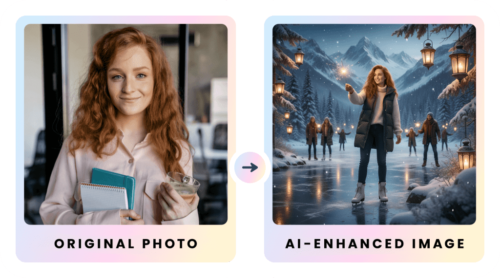 Before and after: Original portrait beside an AI-enhanced winter scene, featuring sparkling snow, lantern light, and festive attire, crafted by OutSnapped’s holiday photo booth.