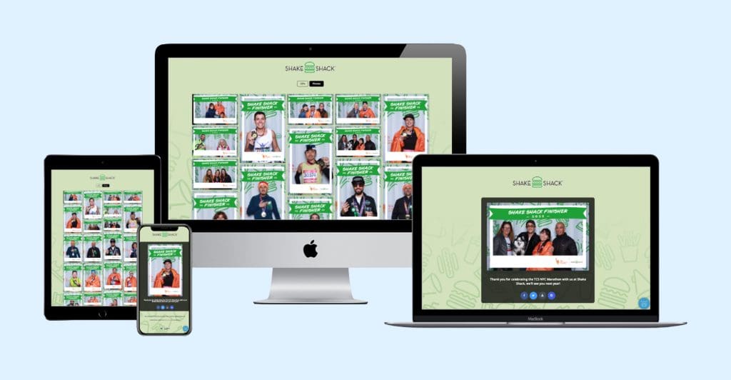NYC Marathon Photo Booth Rental Case Study: How Shake Shack Generated 50K+ Impressions at the Finish Line 4 Photo gallery view of 259 Shake Shack NYC Marathon finishers captured by OutSnapped photo booth, displayed on tablet, phone, desktop and laptop showing horizontal group photos and vertical portrait shots, demonstrating responsive design and thoughtful frame orientation options
