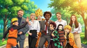 Team photo reimagined in vibrant anime art style featuring characters with golden auras and dynamic poses in a sunny park setting
