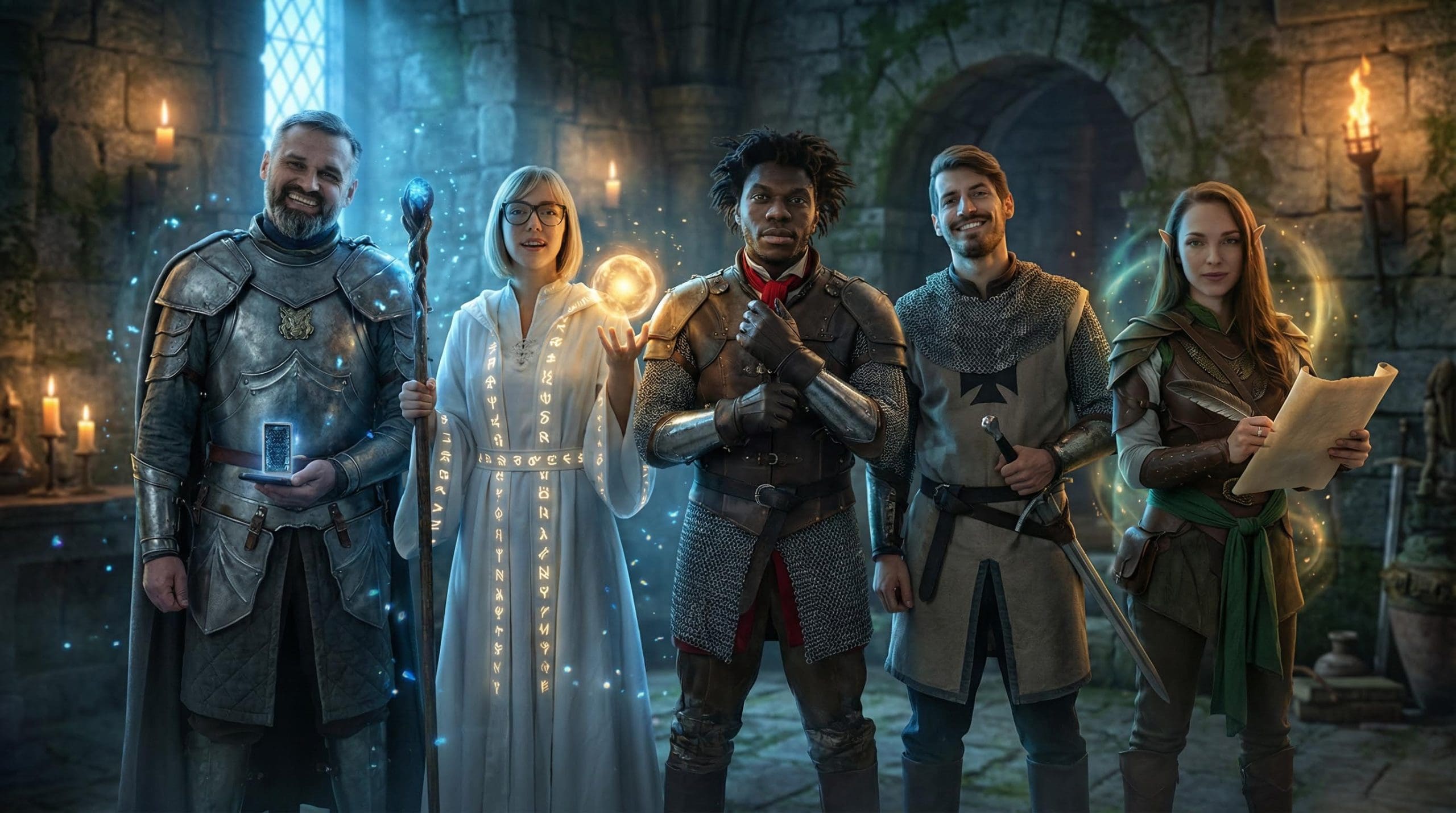 Group photo in anime style showing five characters in casual urban setting with warm lighting and relaxed poses