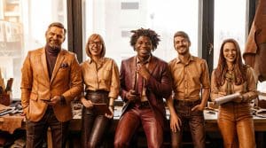 Team photo in alternative cyberpunk aesthetic with different color palette of neon colors and tech-noir atmosphere