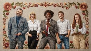 Team photo as photorealistic 3D rendered avatars in a professional virtual environment