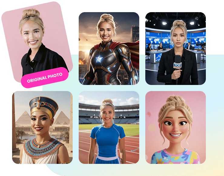 AI photo booth style images showing one original photo transformed into multiple styles including superhero, news anchor, Egyptian queen, athlete, and 3D animated character