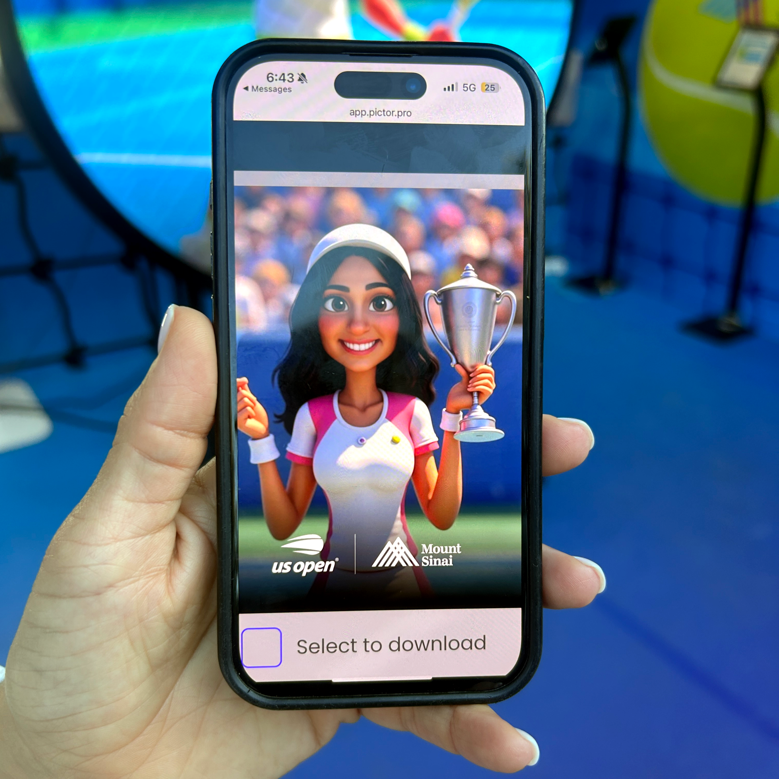 Hand holding smartphone displaying AI photo booth transformed image ready to share on social media