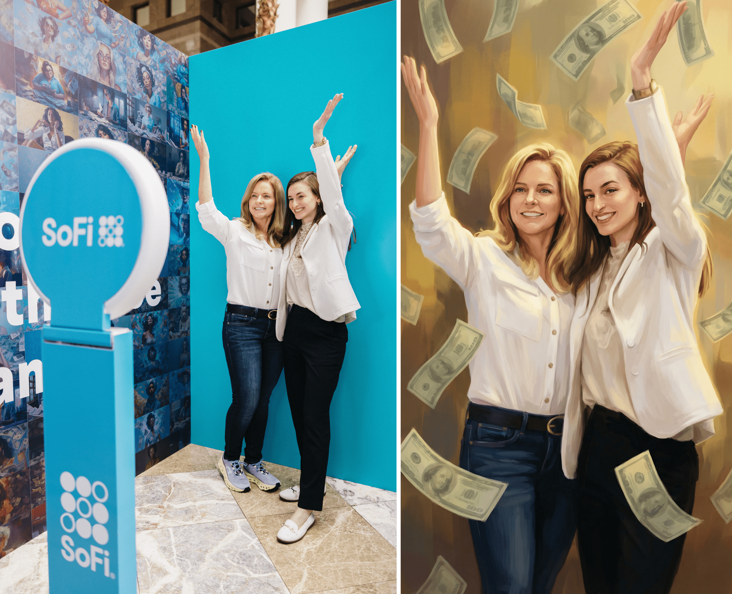 AI photo booth before and after showing two women at SoFi event transformed into artistic illustration with money raining down