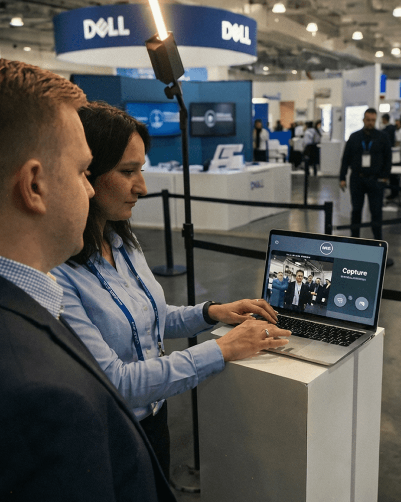 Attendees using OutSnapped AI photo booth software on Dell laptop at Technologies Forum